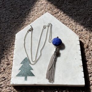 Round Blue Stone Tassel Necklace - Silver Tone